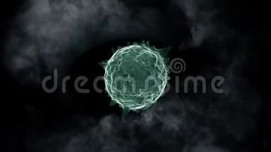 致命病毒的意外爆发。 绿色可怕的病毒细胞出现在黑暗的烟雾中，与红色交叉