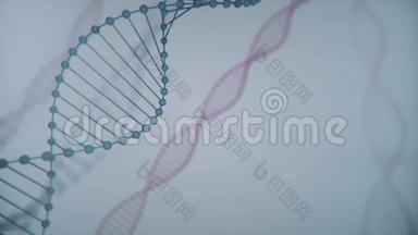 具有景深的抽象蓝色闪闪发光的DNA双螺旋.. debrises三维渲染的DNA构建动画
