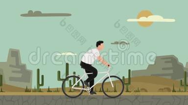 卡通人物在户外骑自行车。 3D绘制，运动图形动画..