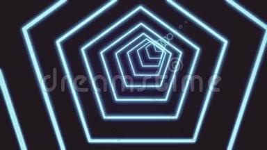 美丽的抽象五角大楼隧道由明亮的蓝色<strong>霓虹</strong>灯线组成。 黑色背景未来<strong>霓虹</strong>灯隧道