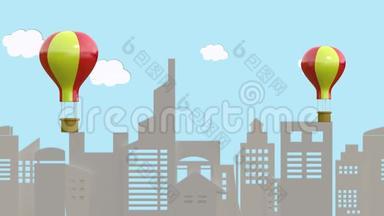 动画`循环，气球漂浮在大城市上空