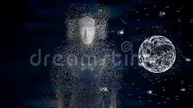 用灰色粒子和地球仪在蓝色背景上旋转制作的人体模型动画