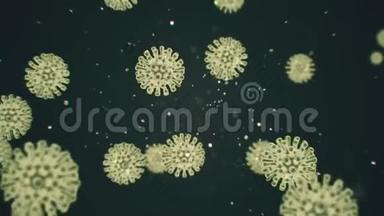 冠状病毒2019-nCOV细胞在受感染生物体中的虚拟动画表现，如红色球形