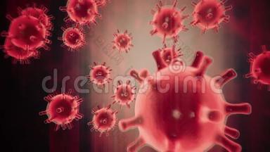 冠状病毒2019-nCOV细胞在受感染生物体中的<strong>虚拟动画</strong>表现，如红色球形
