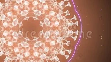 病毒细胞在人体内的一个闪亮的圆圈中旋转和照明。