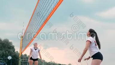 四个女孩在海滩上打排球。 沙滩排球，网，比基尼女郎。 平面卡通插图。 开始