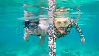 在巴厘岛潜水。 这对年轻夫妇用角鲨鱼潜水。 在巴厘岛，<strong>一切</strong>都是