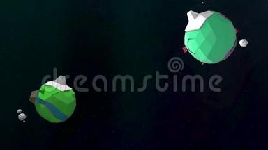 有趣的绿色卡通星球，旋转的黑色背景，看起来好像来自流行的愤怒的鸟类游戏。