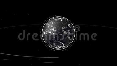 地球地球仪的抽象动画及其在黑色空间上出现的轨迹。