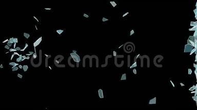 黑色背景下蓝色破碎玻璃破碎动画，3D渲染