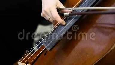 女大提琴演奏者演奏中提琴。 把玩大提琴的女人关起来。