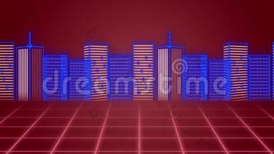 蓝色、红色和红色绘制的三维城市景观动画