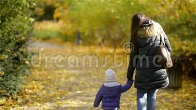 母亲和女儿在公园<strong>牵手散步</strong>。 他们穿着温暖的衣服，秋天的季节。 从后面看