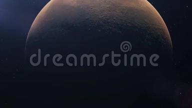 <strong>星球火星</strong>。 从太空看。 行星的一个大表面被太阳照亮。 3D动画