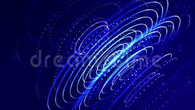 循环科幻<strong>粒子</strong>背景，波克和光效应。 发光的<strong>蓝色粒子</strong>形成线条，表面，复杂