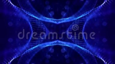 循环科幻3D抽象动画。 发光的蓝色<strong>粒子</strong>形成<strong>线条</strong>，对称的结构，如在微世界或