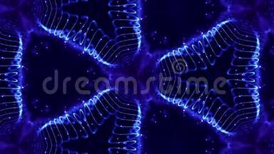 纳米技术微观世界的抽象主题。 4k循环科幻3d背景与发光蓝色粒子形成线