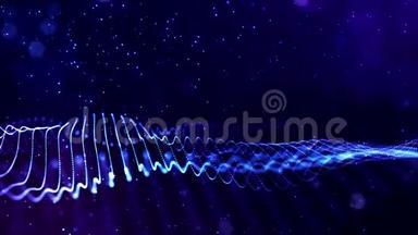 4k循环科幻粒子背景与波克和光效应。 发光的蓝色粒子形成线，表面