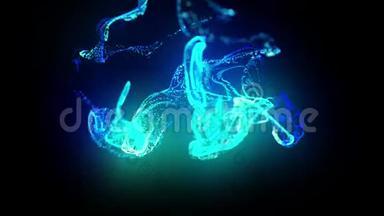 在4k水中注射荧光蓝墨水。 油墨流动中辉光粒子的三维渲染。 Luma哑光频道