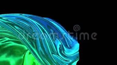 蓝<strong>绿色渐变</strong>的金属箔飞离屏幕。4k织物过渡或脱网金属箔。使用luma
