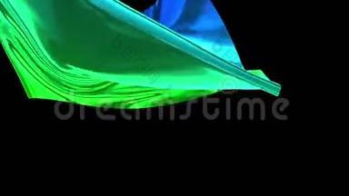 蓝绿色渐变的金属箔飞离屏幕。4k织物过渡或脱网金属箔。使用luma