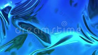 蓝色液态金属表面的抽象背景，动画平滑。 3D波浪布表面的渲染