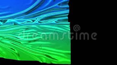蓝<strong>绿色渐变</strong>的金属箔飞离屏幕。4k织物过渡或脱网金属箔。使用luma