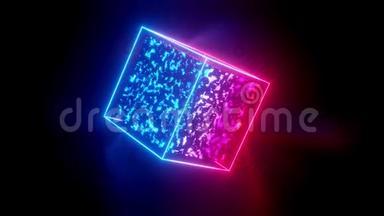 旋转霓虹灯立方体。 4k循环动画背景与霓虹灯辉光，梯度蓝色红色洋红。 3D发光框