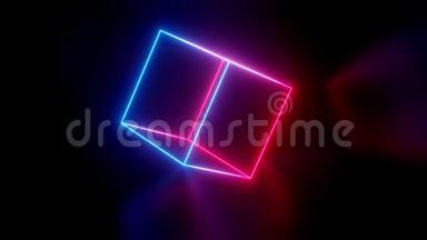<strong>旋转</strong>霓虹灯立方体。 4k循环动画背景与霓虹灯辉光，梯度蓝色红色洋红。 3D发光框