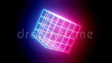 旋转霓虹灯立方体。 4k循环动画背景与霓虹灯辉光，梯度蓝色红色洋红。 3D发光框