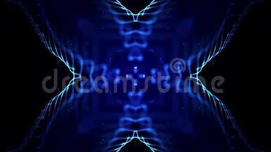 带光效应的4k循环科幻3D背景。 蓝色的发光粒子形成线条，表面，复杂对称