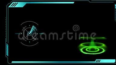 动画蓝色框架与圆圈加载条和绿色电源灯在黑色背景。