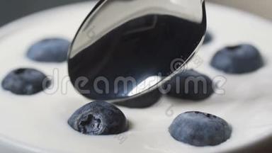 <strong>用勺子</strong>吃蓝莓和奶油或酸奶，水果背景。
