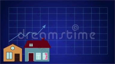 2D动画，箭头向上移动的图形在蓝色背景，因为更大的房子出现在底部。 提高