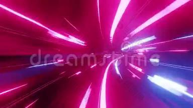 带霓虹灯的4k环形抽象高科技隧道，摄像机飞过隧道，紫色霓虹灯闪烁。 科幻小说