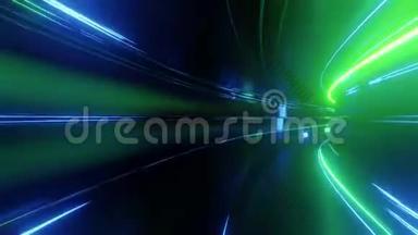 带有霓虹灯的4k环形抽象高科技隧道，摄像机穿过隧道，蓝色绿色霓虹灯闪烁。 Sci