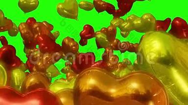 绿色屏幕<strong>上心</strong>形气球的浪漫动画