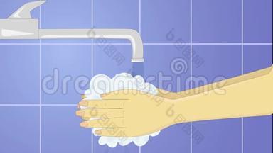 白种人用水和肥皂洗手的2d动画，作为冠状病毒感染的交叉绿色标志出现和