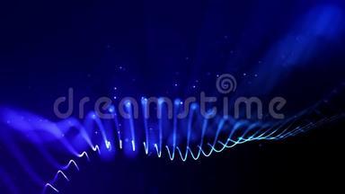 4k循环科幻粒子背景与波克和光效应。 发光的蓝色粒子形成线，表面
