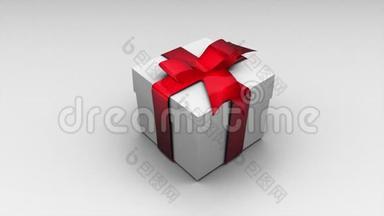 旋转礼物盒与红色丝带。 孤立的3D视频渲染假日礼品盒，与阿尔法频道隔离