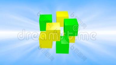 绿色和黄色3d立方体旋转。