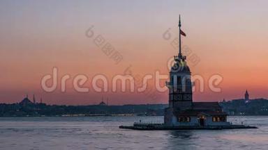 伊斯坦堡，土耳其，克孜库勒西塔，美丽的日落后白天到晚上的时间