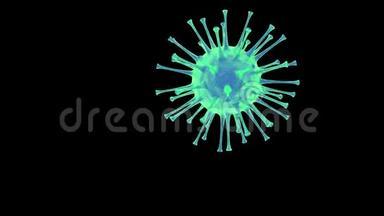 冠状病毒动画背景，Covid-19病毒漂浮在黑暗背景上。