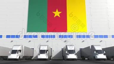 拖车卡车在仓库装货码头与CAMEROON标志。 <strong>喀麦隆</strong>物流相关概念三维动画