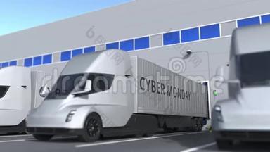 现代半挂车卡车与CYBER星期一文本加载或卸载在仓库。 循环三维动画
