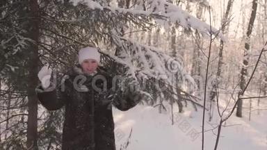 女孩在冬季公园散步。 把雪从树上重置。 冬季户外娱乐活动