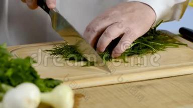 厨刀的手在大厨房里，一个新鲜的绿色茴香从一棵树上的砧板上