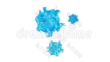 大量的蓝色甜液滴落在白色的表面和污渍上，留下大的斑点，造成大的飞溅和污渍。