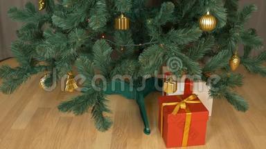 绿色圣诞树下的礼品盒。 红白棕色礼品盒立在地板上。 圣诞前夜庆祝节日
