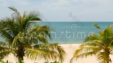 热带天堂异国情调的白沙滩被蓝色平静的大海冲刷。 阴云密布的沙滩上，绿油油的椰棕